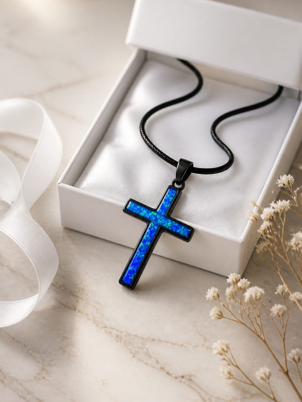 925 SS Black Rhodium Plated Blue Lab Opal Cross Pendant  with Satin Chain NEW